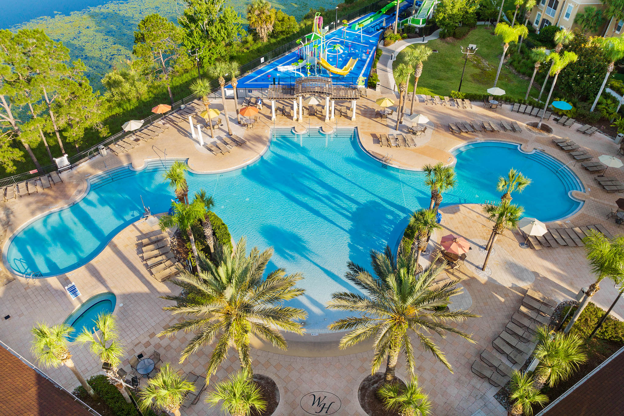 The main resort pool and water park at Windsor Hills Resort, seen from above