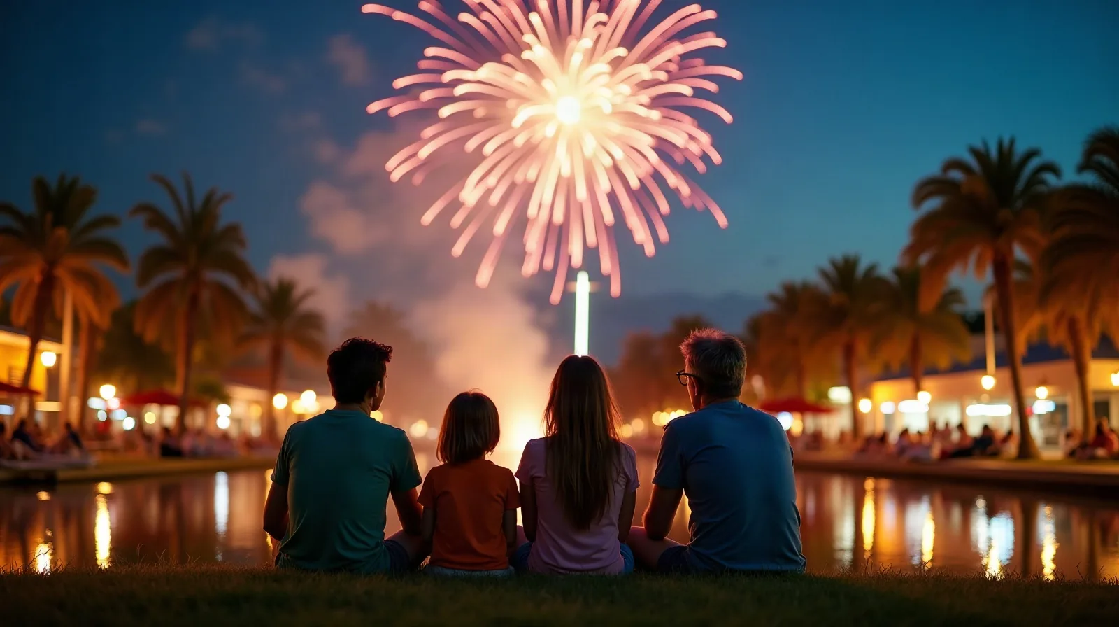 A regular family sitting on a lawn beside a lake at night looking up in wonder at colorful fireworks, kids in t-shirts on their parents' laps, palm
