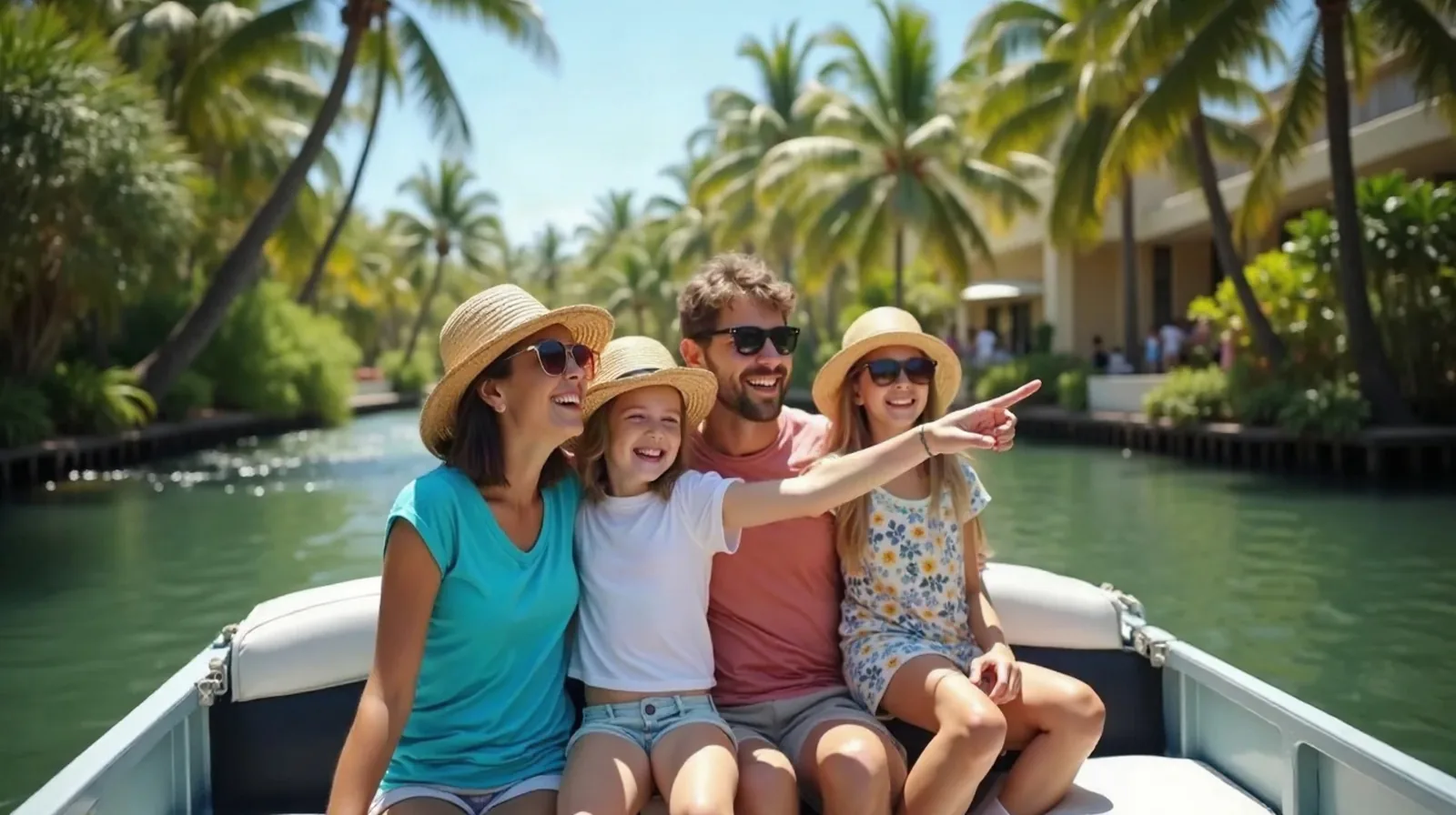 A regular family on a slow tropical river boat cruise under palm trees and lush greenery, kids in t-shirts and sun hats pointing at the jungle,
