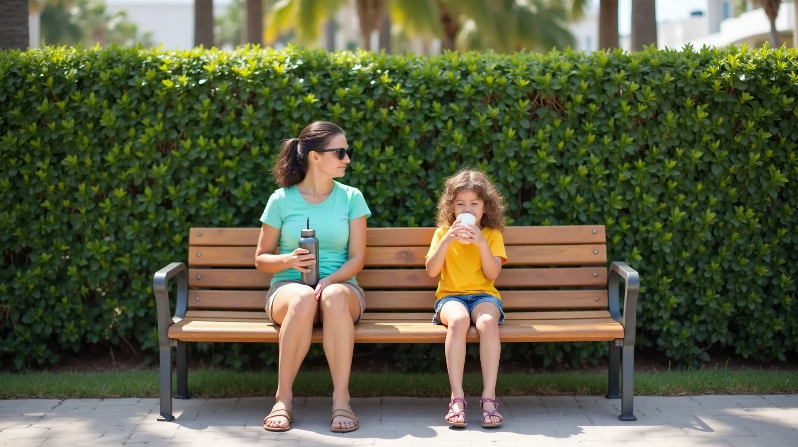 A mom and her young daughter taking a water break on a shaded park bench
