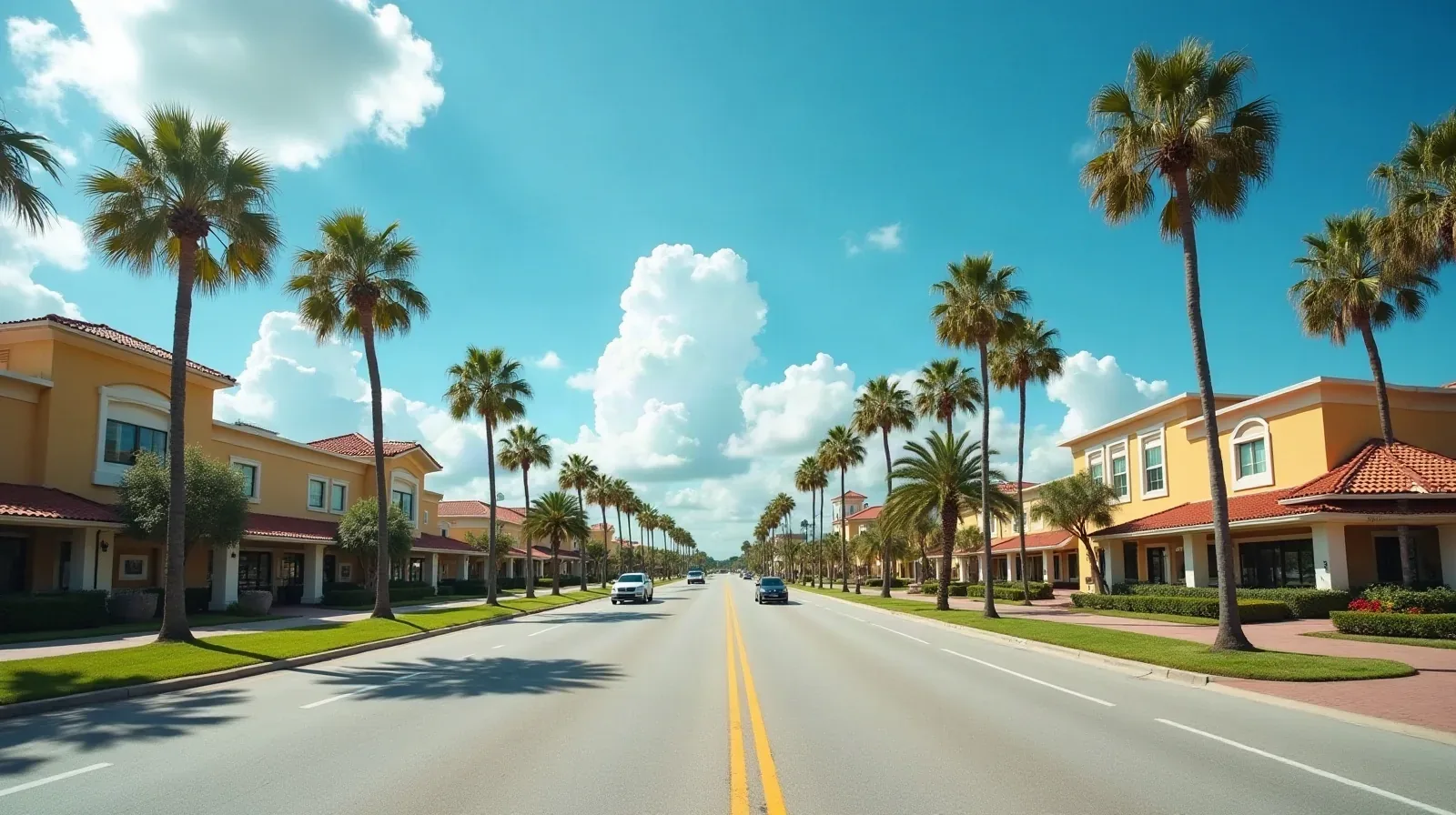 A palm-lined tourist boulevard with hotels and restaurants set back from the road