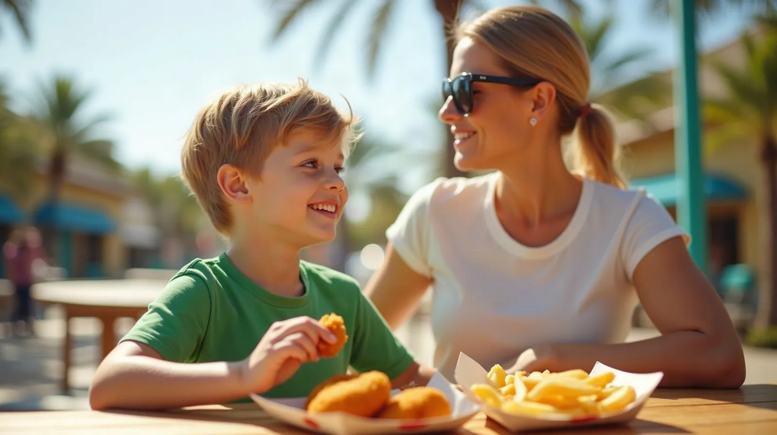 A boy and his mom enjoying chicken nuggets and fries at an outdoor table