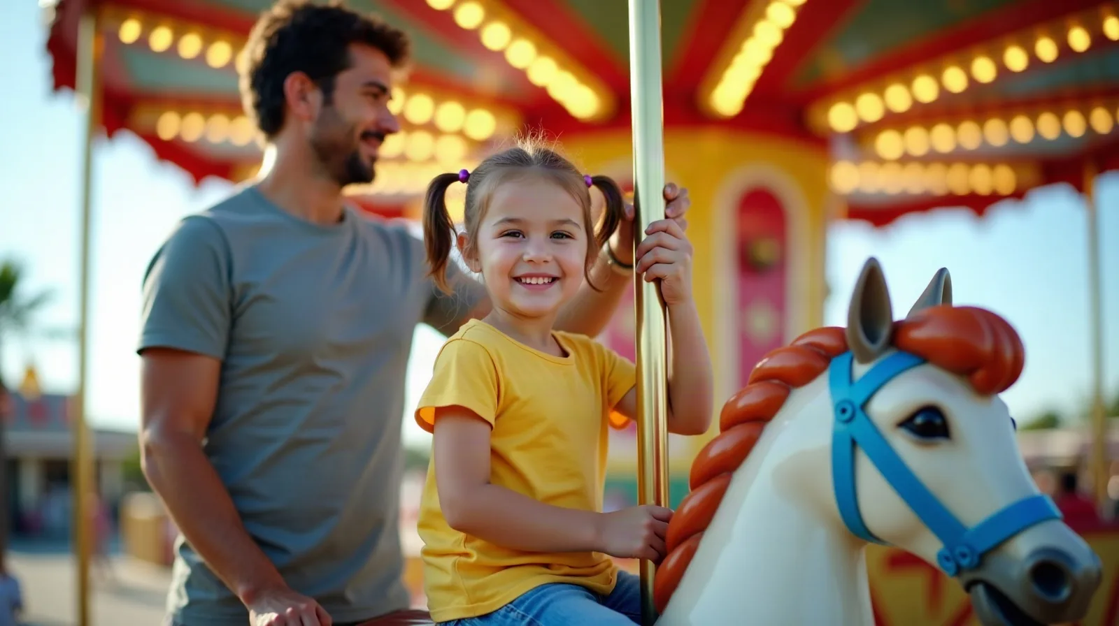 A smiling girl on a carousel horse with her dad beside her