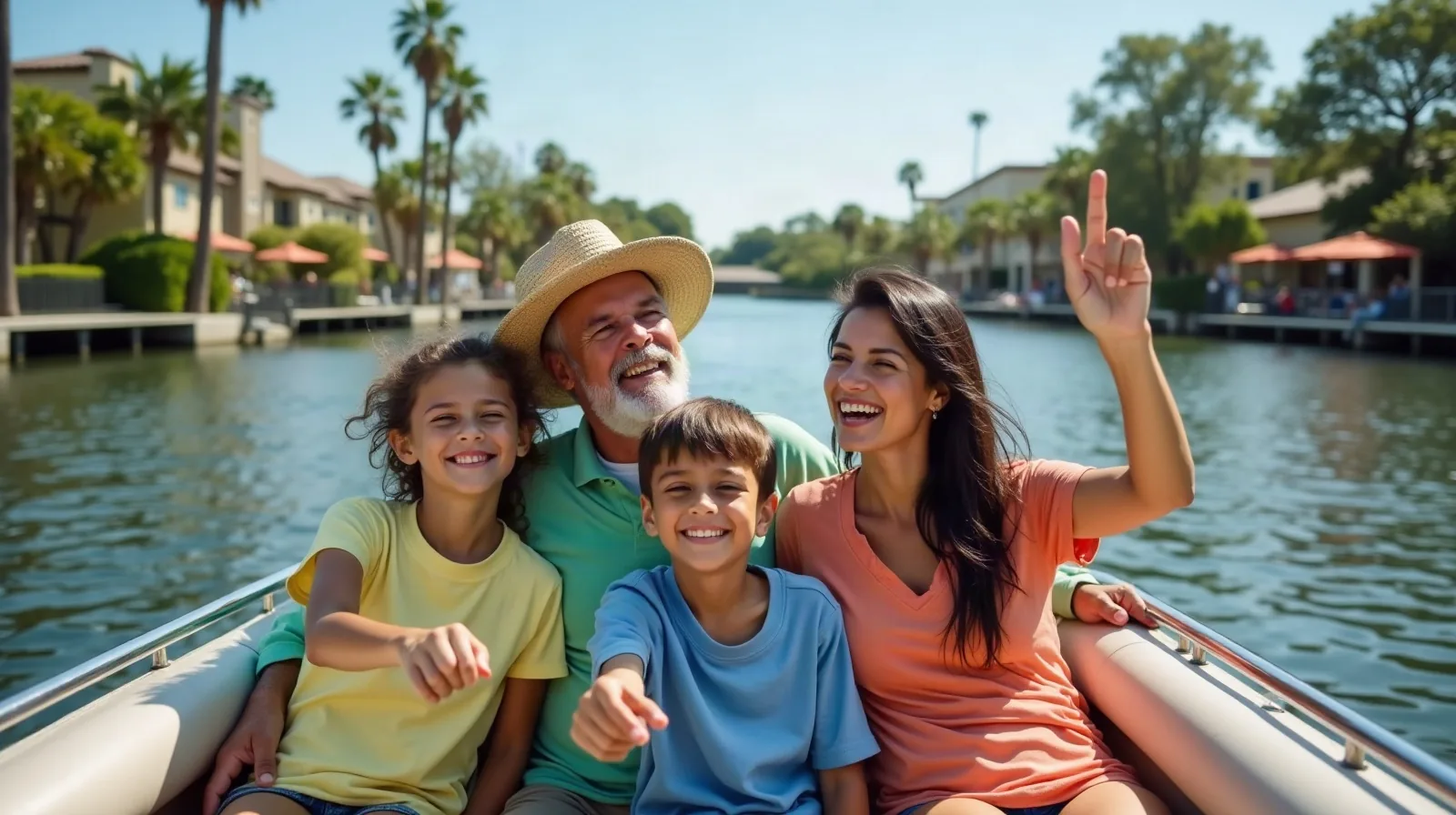 A family on a scenic pontoon boat tour on a calm Florida lake lined with cypress trees