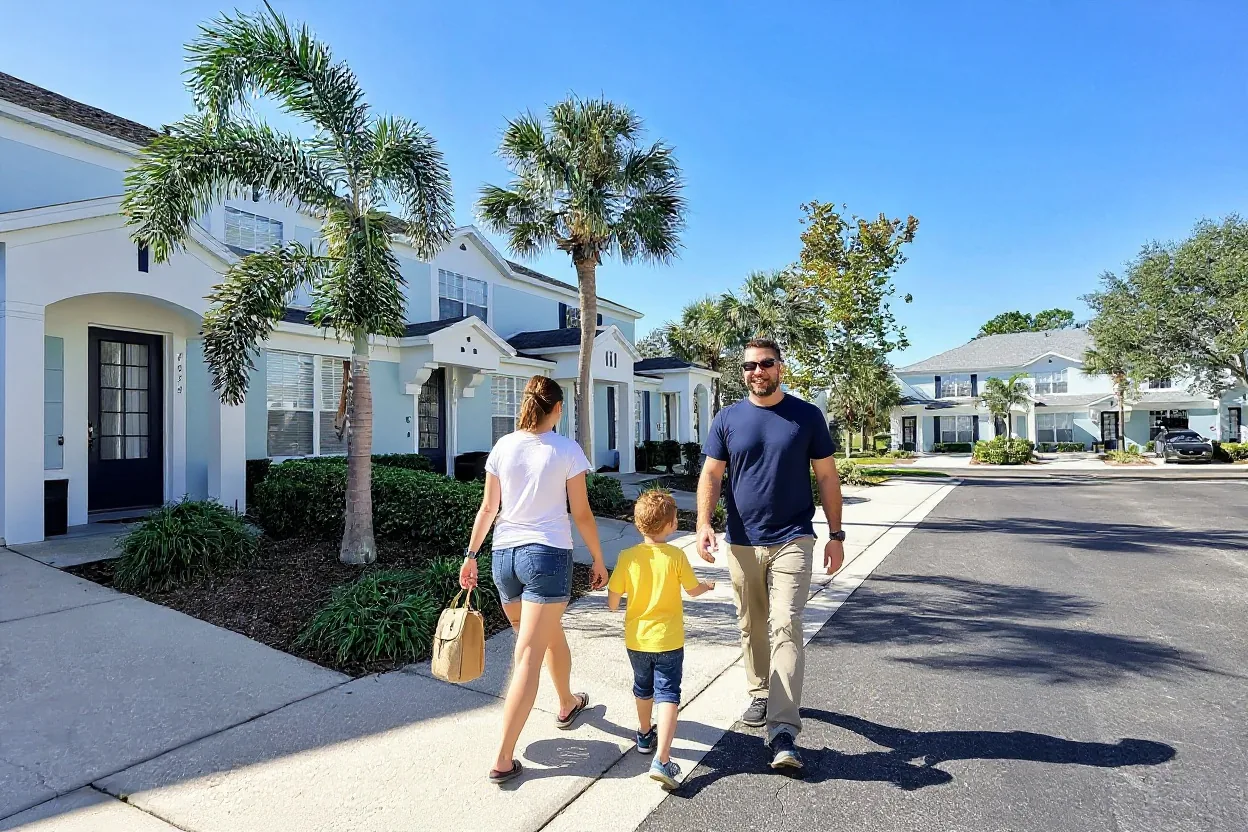 A family walking along the sidewalk past the Windsor Hills townhouses on a sunny morning