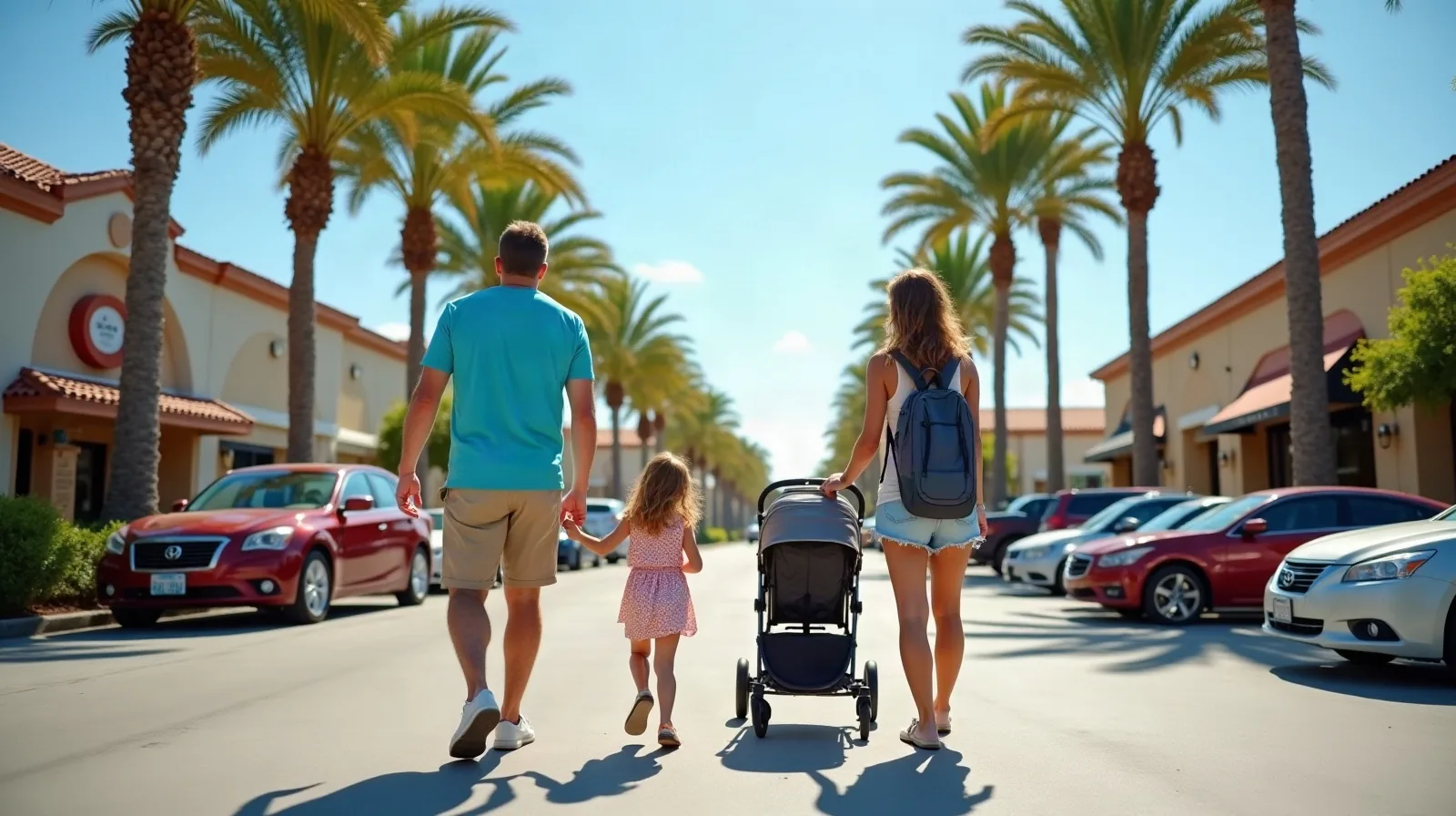A regular family of four walking from their parked car in a sunny theme park parking lot, a dad pushing a stroller and a mom carrying a day backpack,