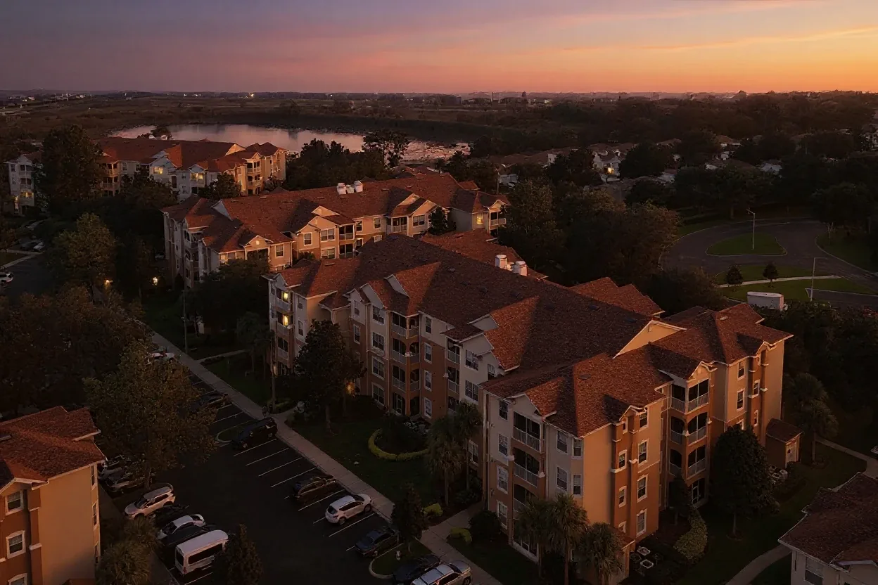 Windsor Hills Resort condo buildings and lake at dusk
