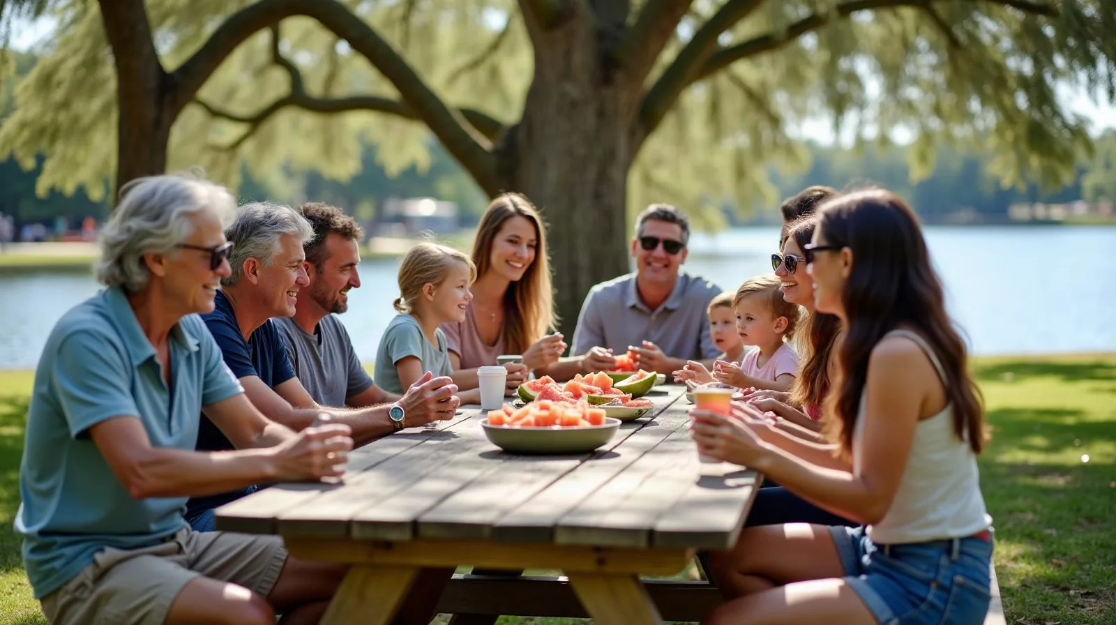 A big multigenerational family of ten at a lakeside park picnic area under Florida live oaks, grandparents, parents and kids sharing