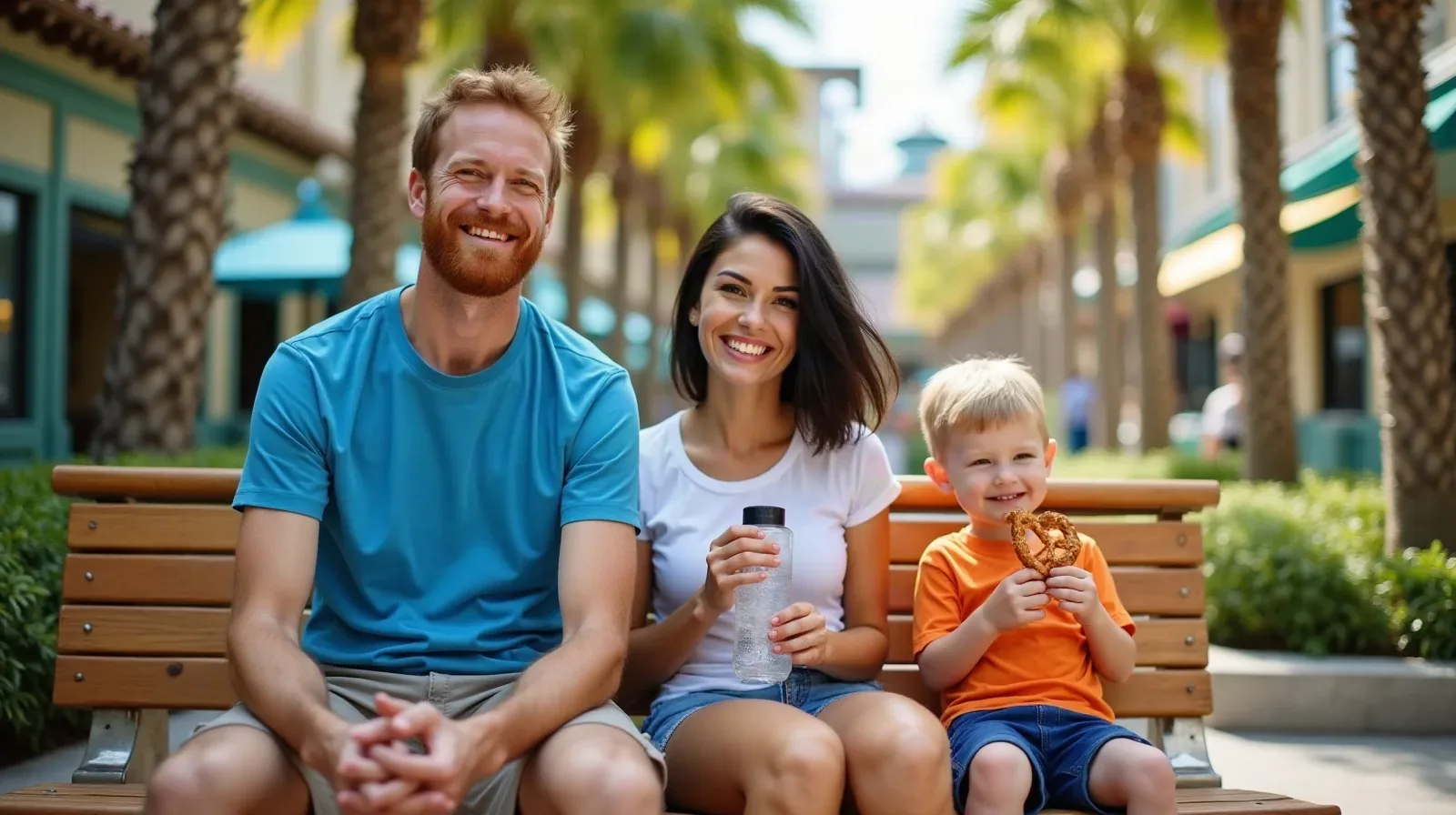 A tired but smiling family taking a shaded break on a bench at a theme park