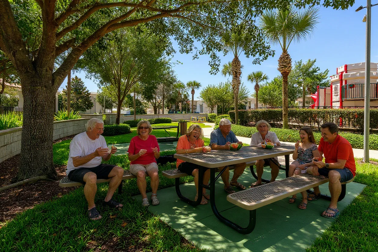 A big extended family reunion picnic at the existing picnic tables: grandparents, aunts, uncles and cousins in plain clothes sharing sandwiches and