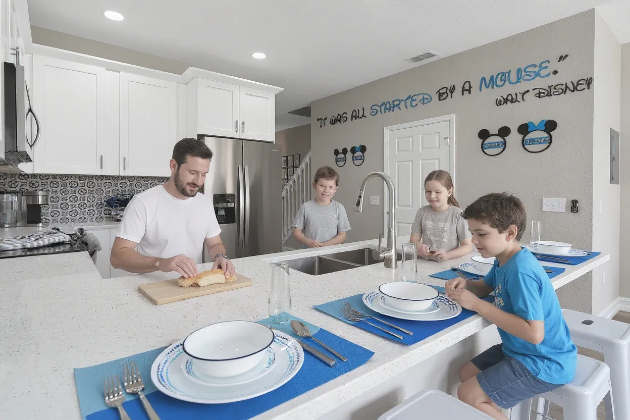 An ordinary family of four making sandwiches for a park day at the existing kitchen counter, a dad spreading peanut butter and two kids in plain