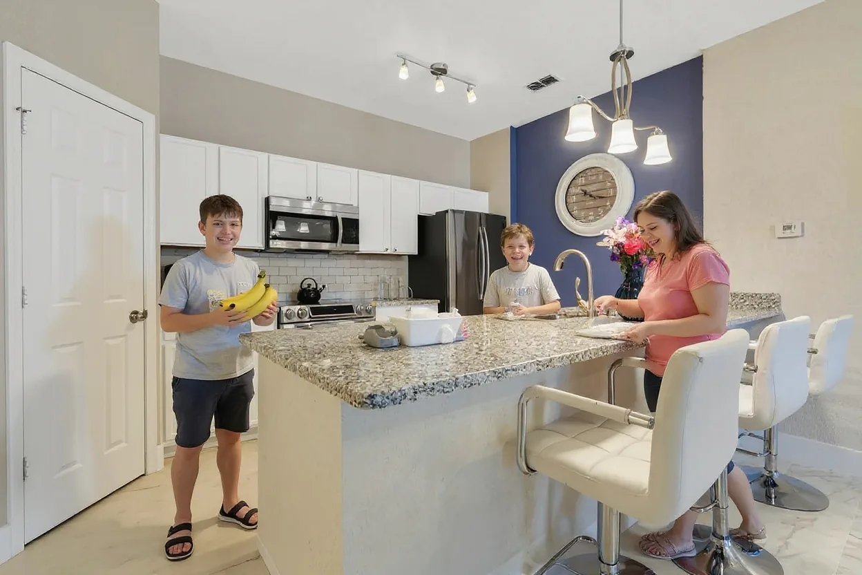 An ordinary mom and two kids in plain t-shirts unpacking groceries at the existing kitchen island, one kid holding up a bunch of bananas and grinning