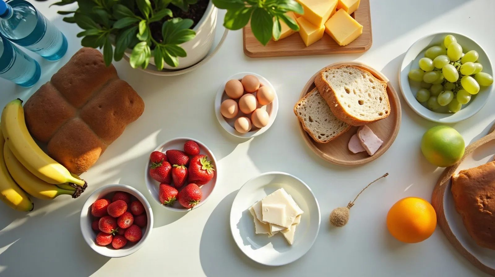 Overhead flat-lay close-up of fresh vacation groceries spread on a bright kitchen counter: bananas, apples, grapes, strawberries, a loaf of crusty