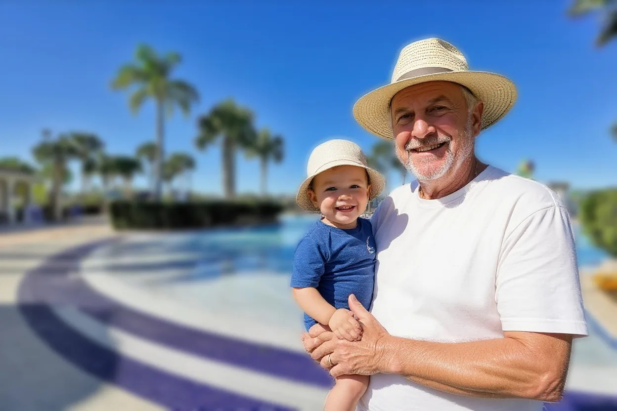 An ordinary grandfather in a sun hat and plain t-shirt holding his smiling toddler grandchild, who wears a rash guard and sun hat, both in the right