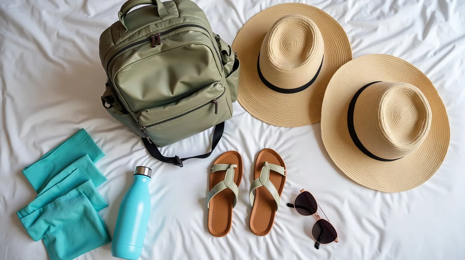 Overhead flat-lay close-up of theme park day essentials on a white bed: a plain day backpack with no logo, sunglasses, two straw sun hats, two plain