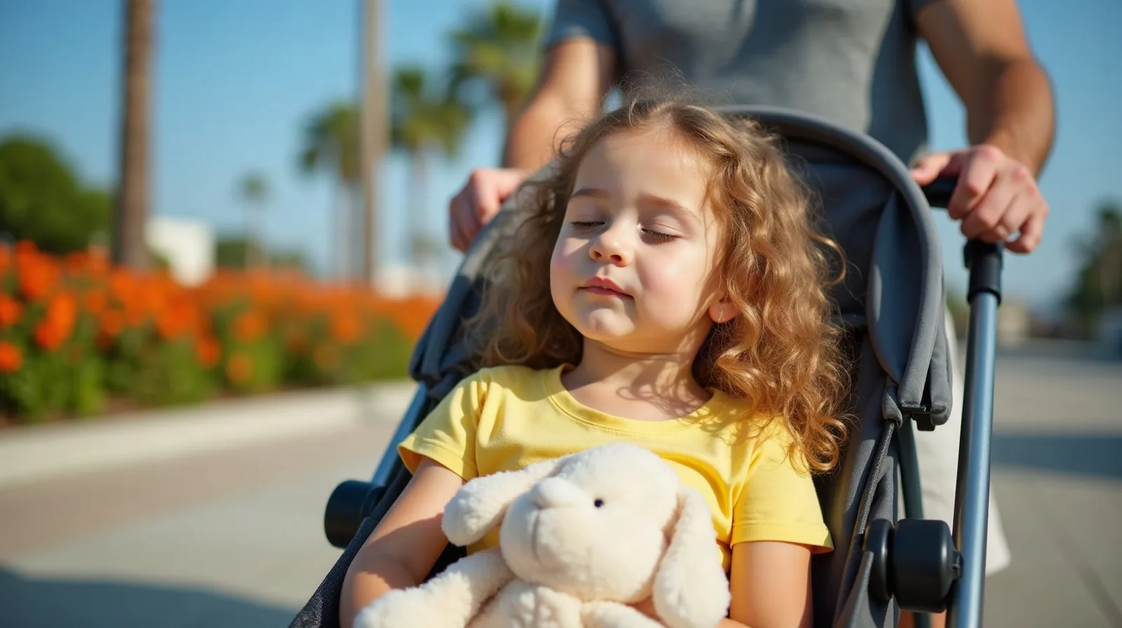 A young girl asleep in a stroller holding a stuffed bunny while her dad pushes on a sunny palm-lined path