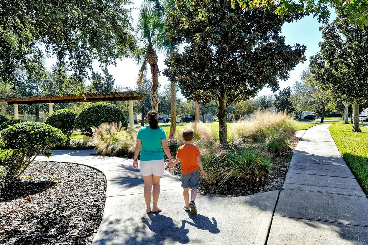 A mom and her young son walking hand in hand along a quiet garden path