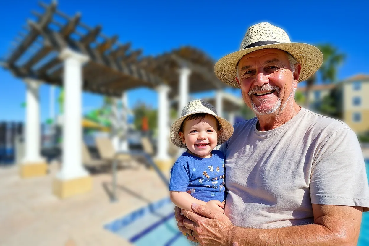 An ordinary grandfather in a sun hat and plain shirt gently holding a smiling baby in a sun hat and a swim shirt, both in the right foreground,