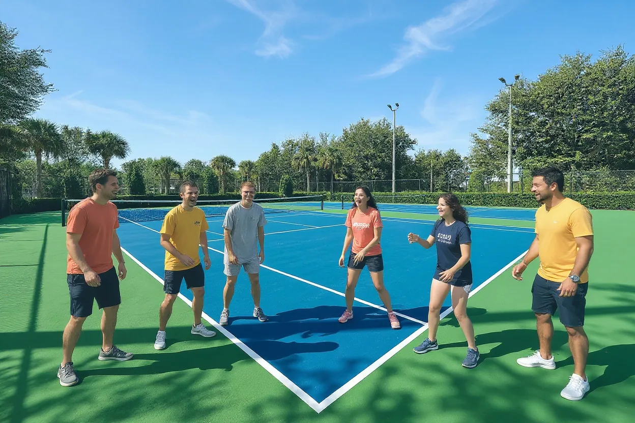 Four cousins in plain t-shirts and shorts playing a laughing game of doubles tennis on the existing court