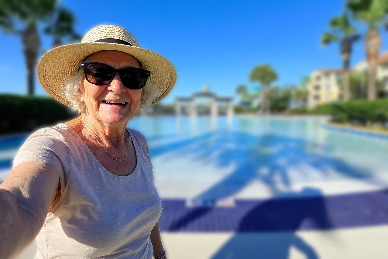 An ordinary grandmother in a wide straw sun hat, sunglasses and a plain top in the left foreground, smiling warmly at the camera.