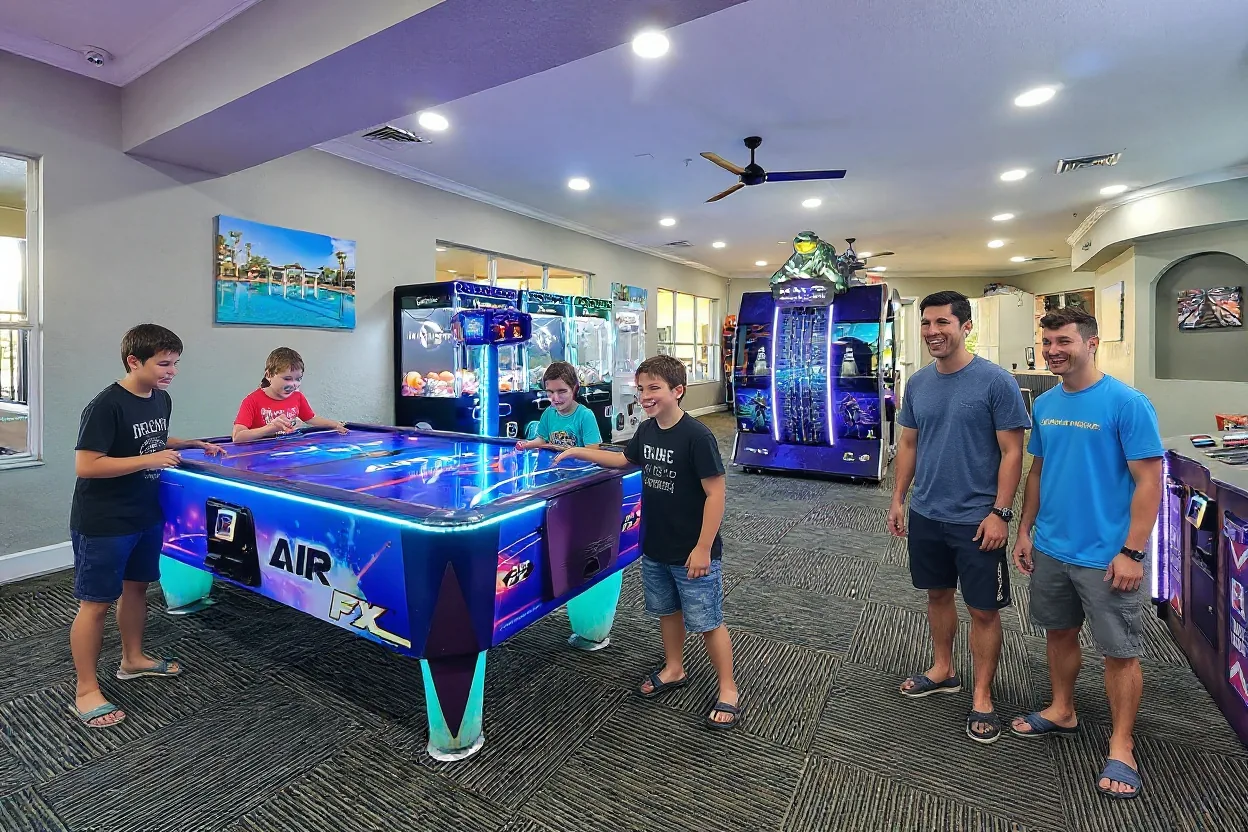 Kids of different ages in plain t-shirts playing the existing arcade games side by side, a teen helping a younger sibling, with an ordinary dad