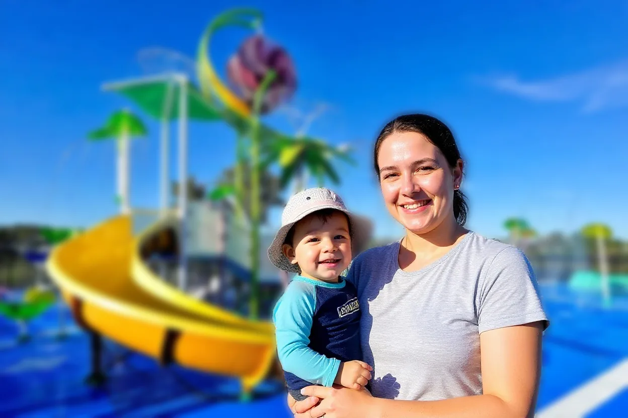 An ordinary mom in a plain t-shirt holding her smiling toddler, who wears a rash guard and sun hat, both in the right foreground, smiling at the