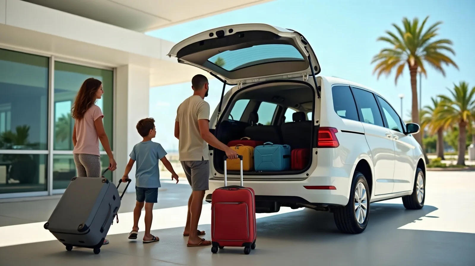 An ordinary dad loading suitcases into the trunk of a plain white minivan in a bright airport rental car garage while two kids in plain t-shirts help