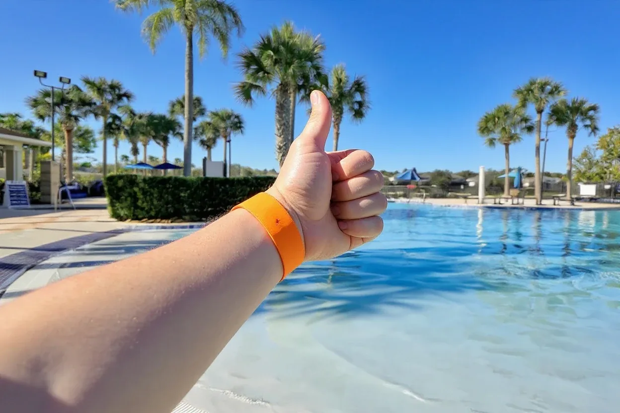 A registered guest giving a thumbs-up with a resort wristband at the Windsor Hills lagoon pool