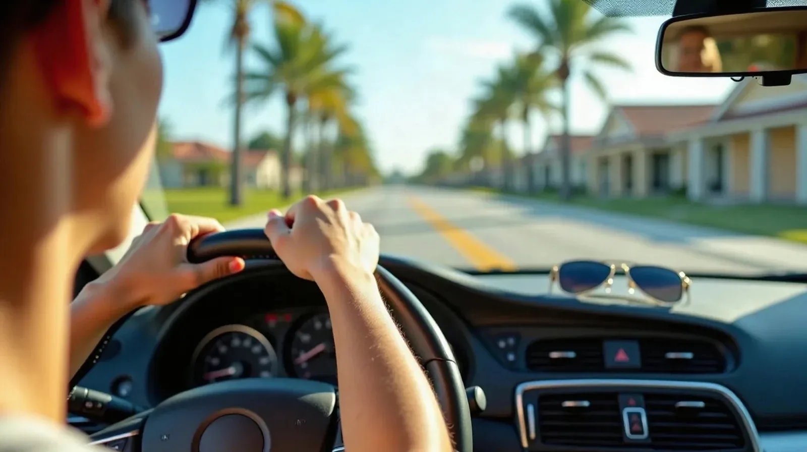 A driver's hands on the steering wheel of a left-hand-drive car on a palm-lined Florida road
