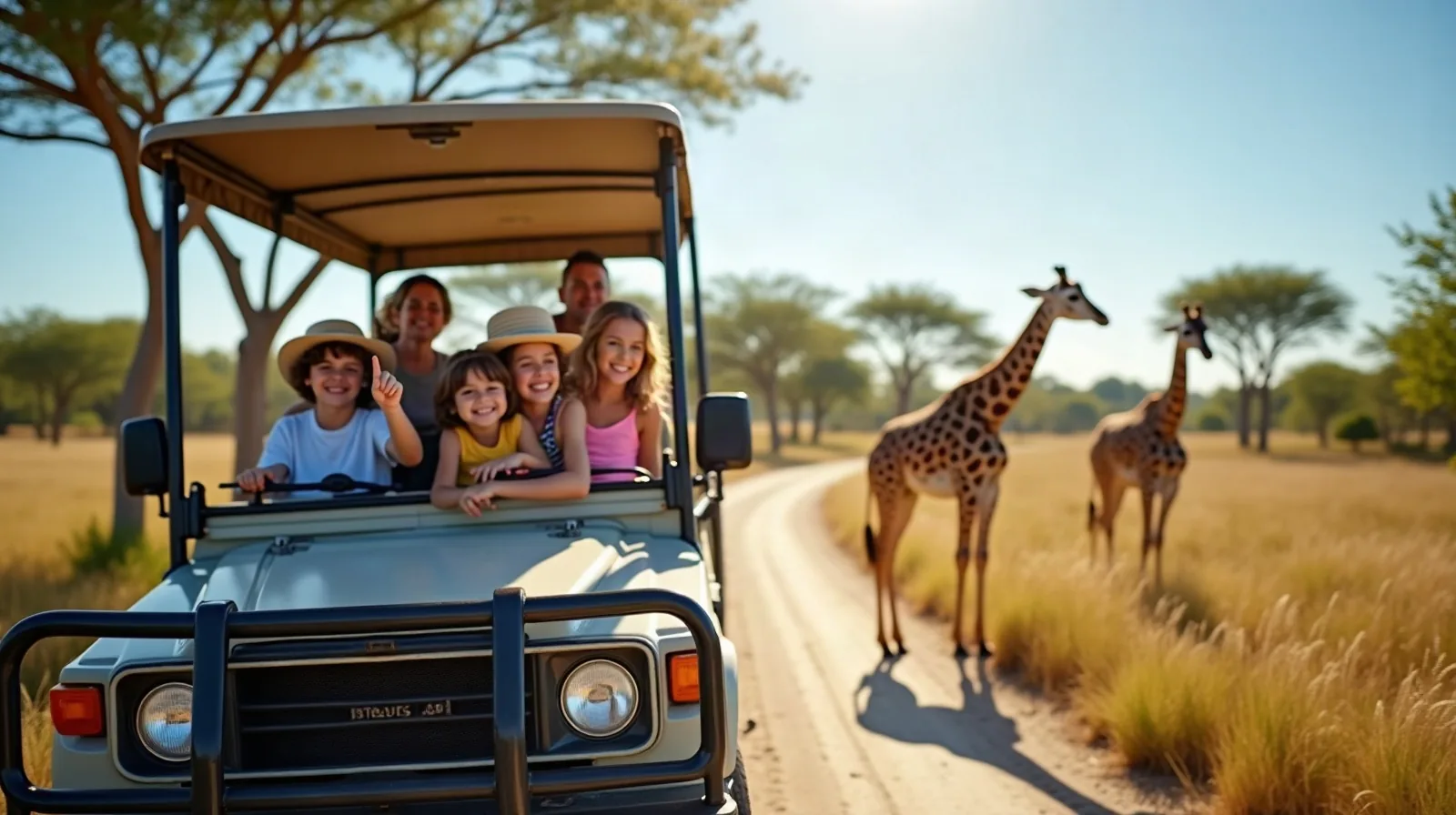A regular family in an open-sided safari truck on a sunny savanna watching giraffes nearby, kids in t-shirts and sun hats pointing excitedly, acacia