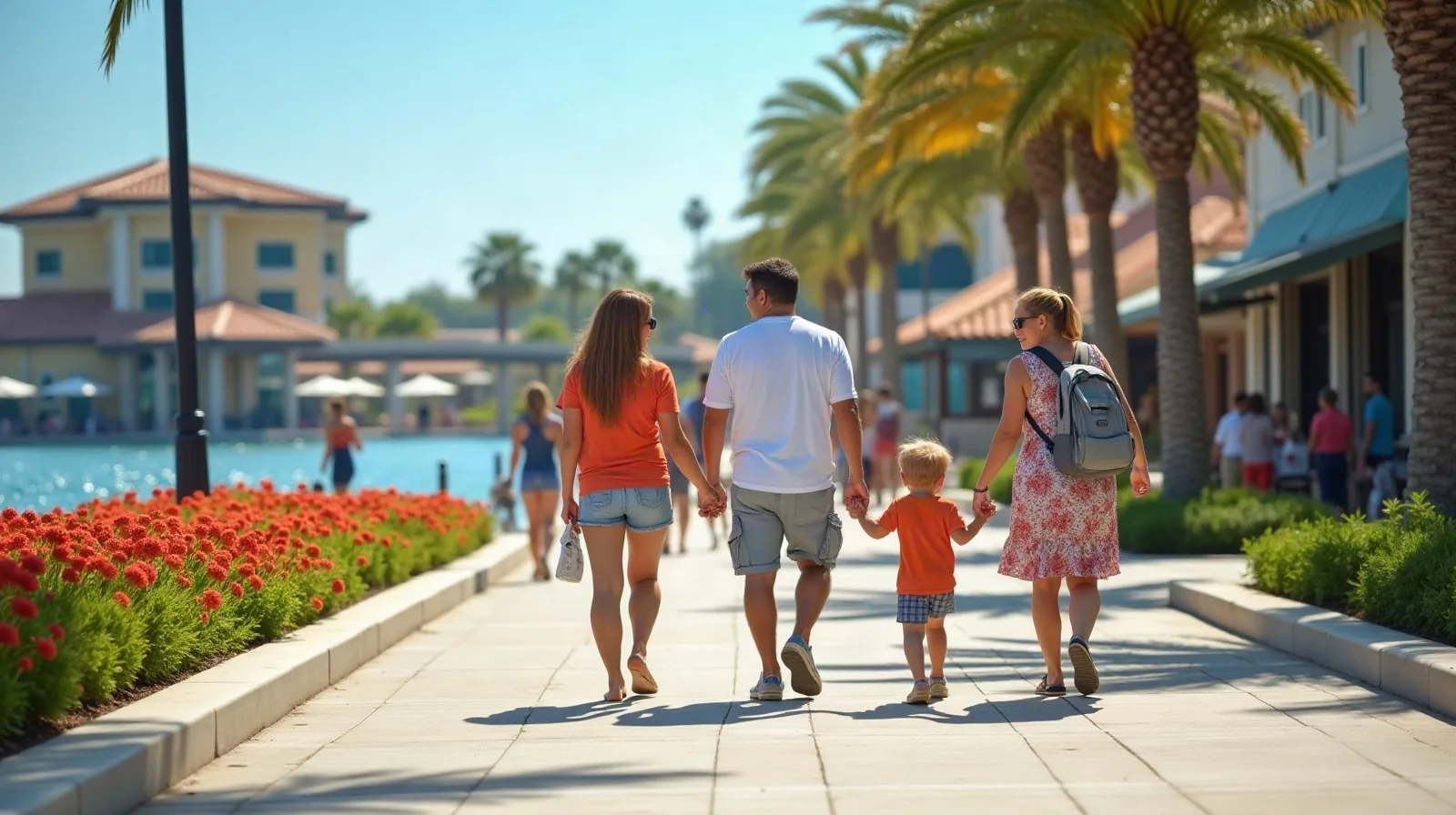 A regular family strolling along a wide sunny lakeside promenade at a theme park, flower beds and palm trees, kids in t-shirts holding hands with