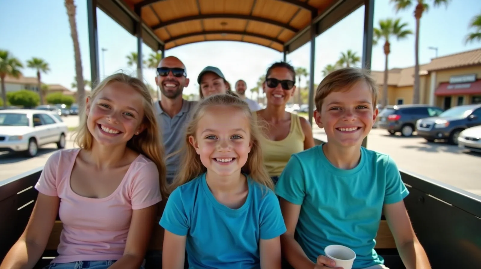 A regular family riding an open-air parking lot tram on a sunny morning, kids in t-shirts smiling from the bench seats, rows of cars and palm trees