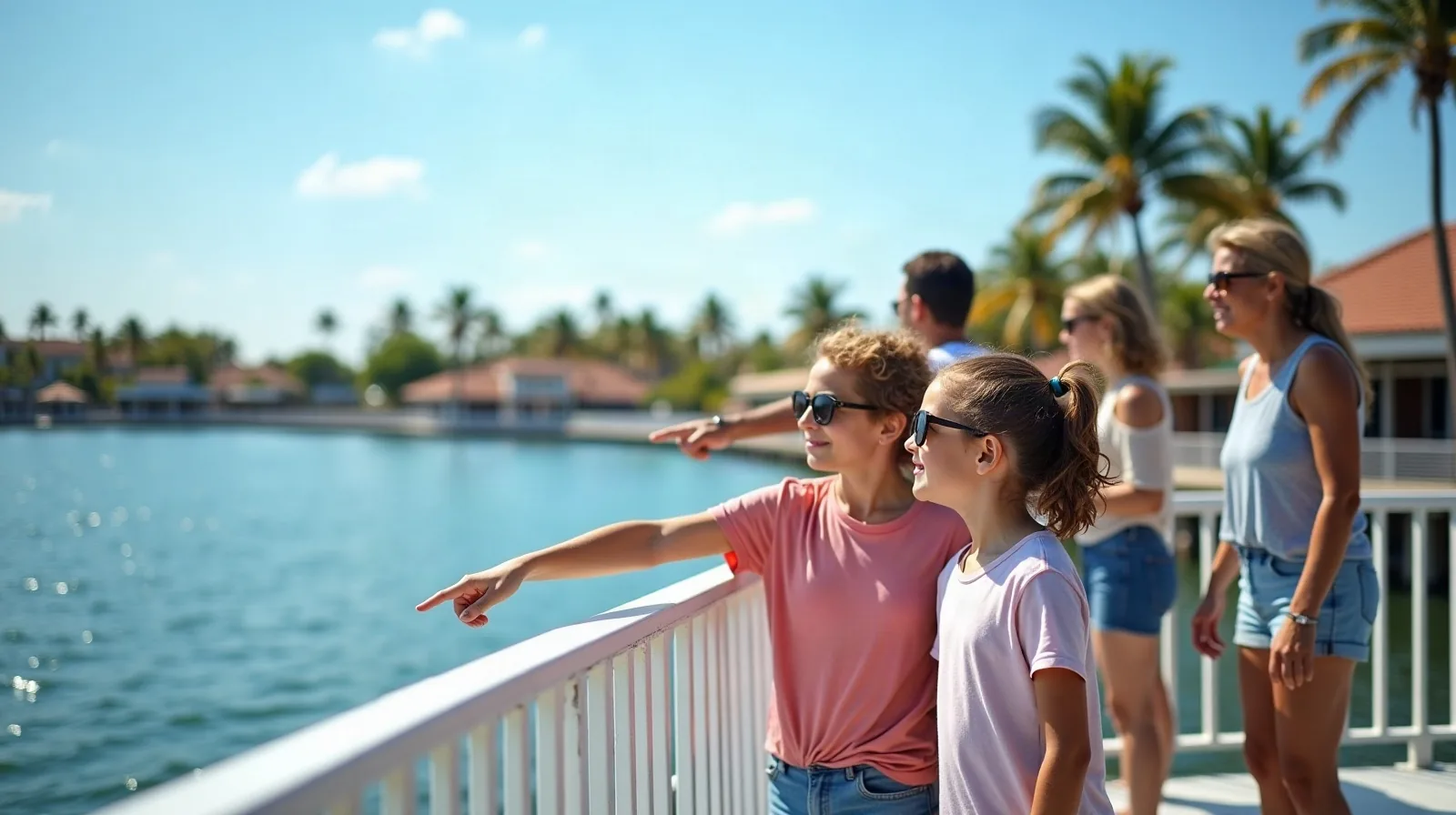 A regular family standing at the railing of a plain white ferry boat crossing a wide sunny lake on a clear morning, kids in t-shirts pointing ahead,