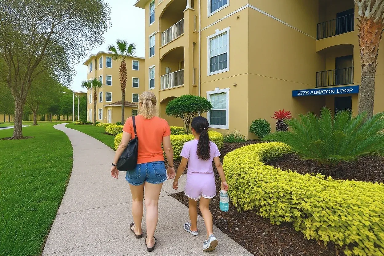 A mom and daughter heading out on a garden path at Windsor Hills for a theme park day