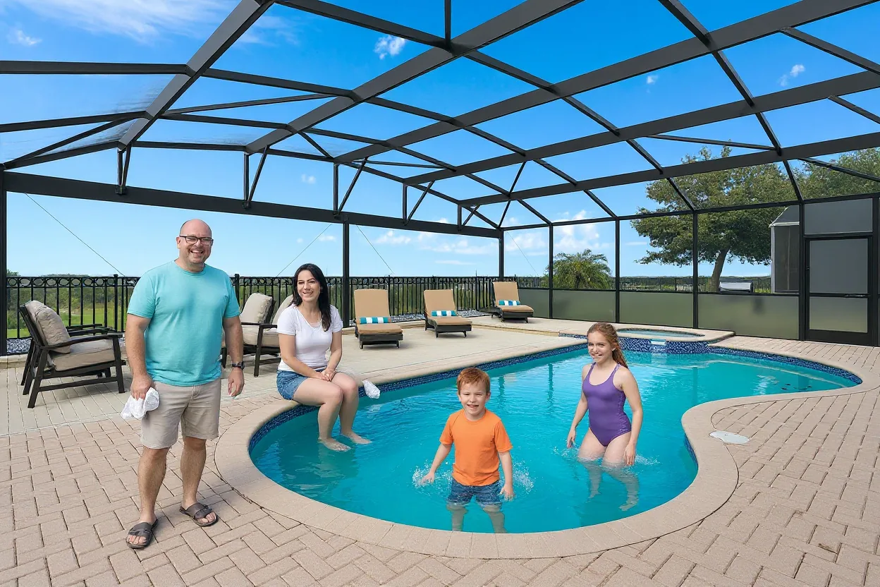 An ordinary family on the existing pool deck: parents in plain clothes setting down towels and two kids in rash guards jumping into the pool with big