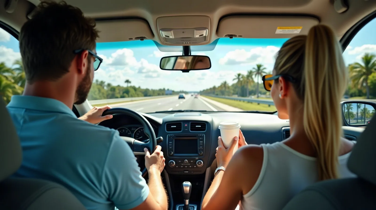 A couple driving a rental car on a sunny Florida highway