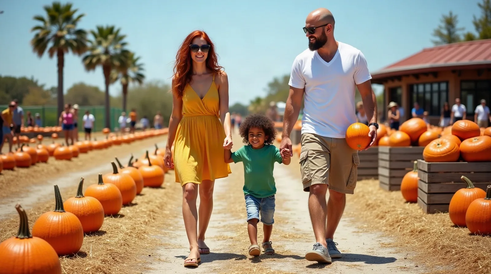 A mom, dad and young son walking hand in hand down a row of pumpkins at an outdoor pumpkin patch with palm trees behind them