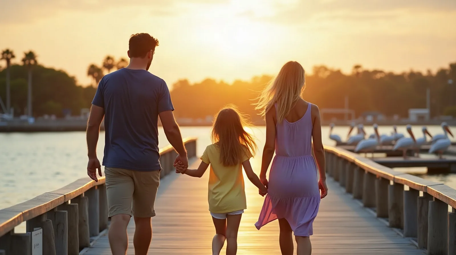 A family walking on a lakefront pier over a calm Florida lake at sunset