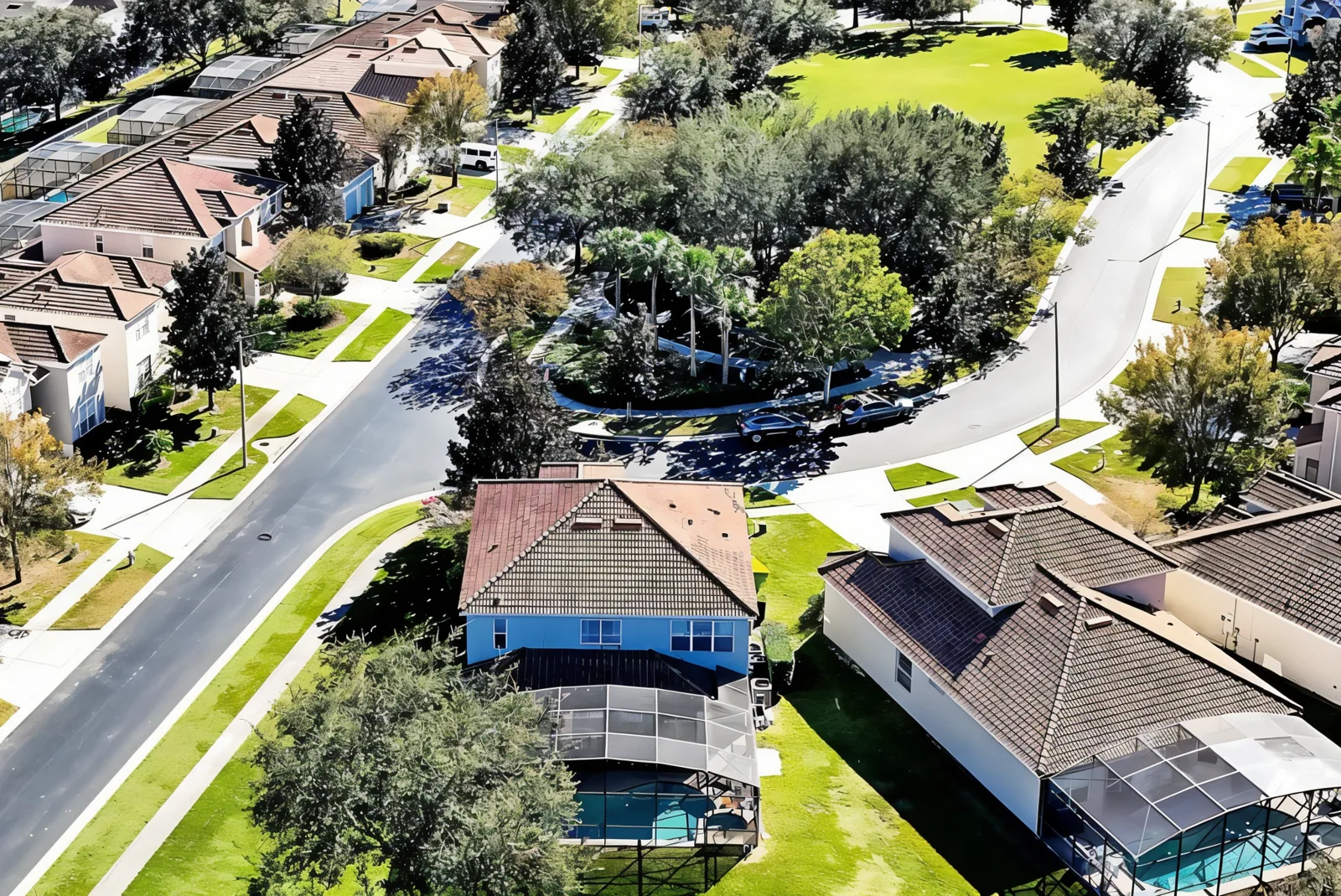 Aerial view of the quiet, palm-lined streets of Windsor Hills Resort