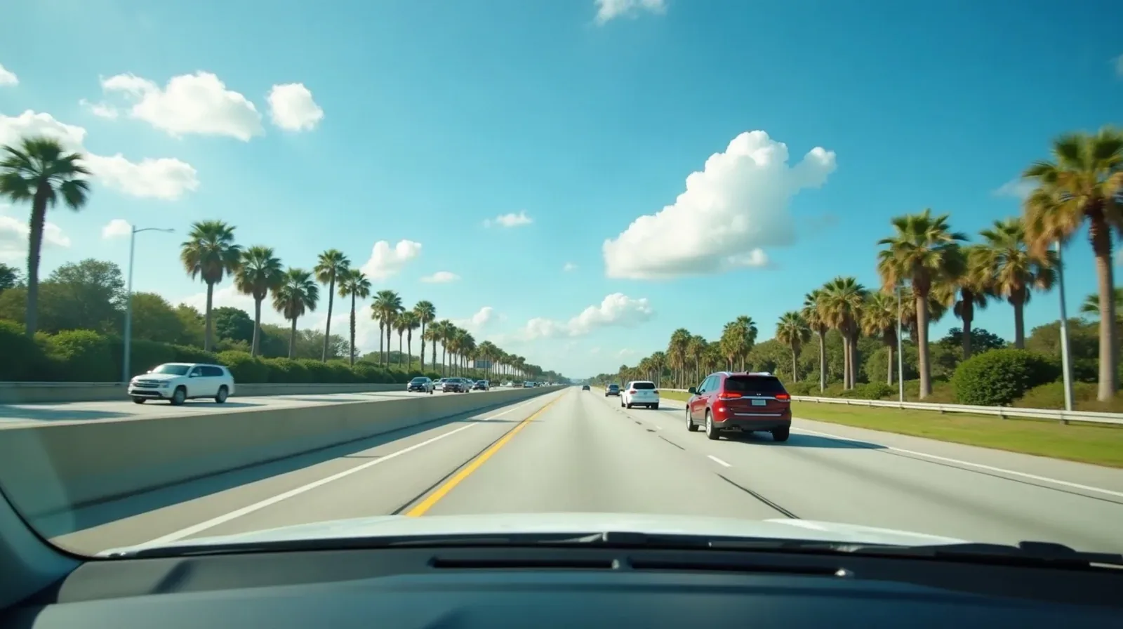 Morning traffic on a palm-lined Central Florida highway seen through a car windshield
