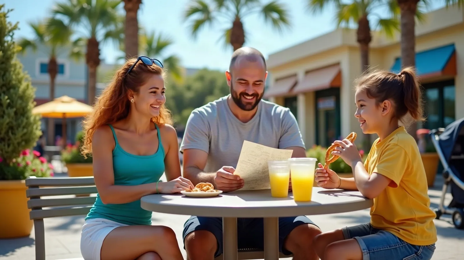 A mom, dad and young daughter sharing lemonade and a pretzel at a shaded table while checking a park map