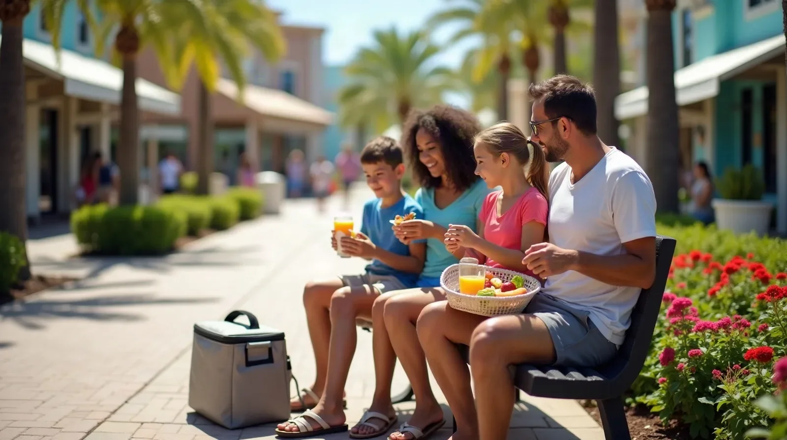 A regular family of four eating a packed picnic lunch on a shaded bench along a sunny theme park walkway lined with palm trees and flower