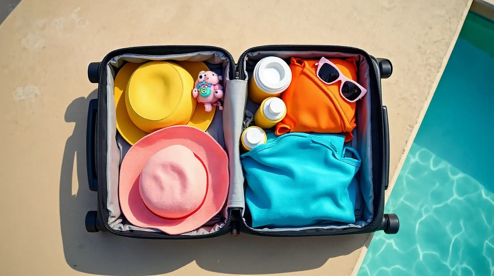 An open suitcase packed with sun hats, swimsuits and sunscreen for a Florida theme park week