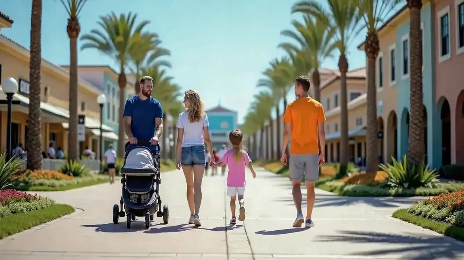A regular family of five in bright plain t-shirts walking together into a sunny theme park entrance plaza in the morning, kids skipping
