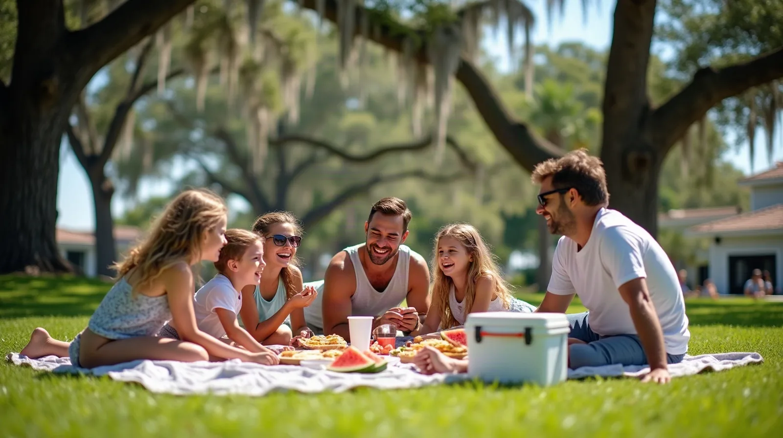 A regular family of six having a picnic on a sunny grassy lawn under big Florida live oak trees, sandwiches, watermelon slices and a plain