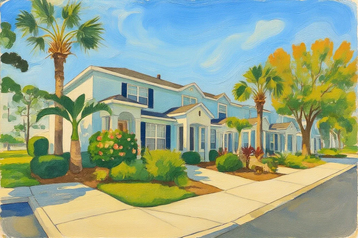 Storybook painting of a street of Windsor Hills townhouses under palm trees