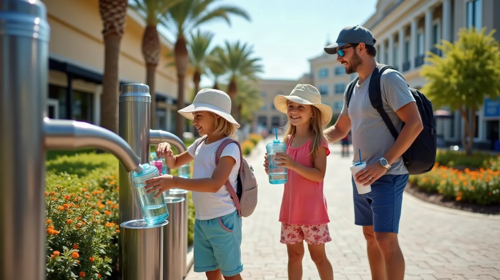 Two kids in sun hats filling refillable water bottles at a drinking fountain in a sunny theme park, a regular dad in a cap holding the
