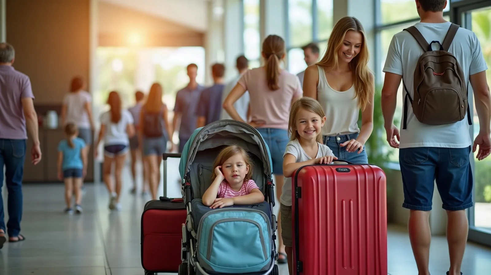 A tired but good-humored regular family with a big pile of suitcases, a stroller and two sleepy kids waiting in a long line at a crowded