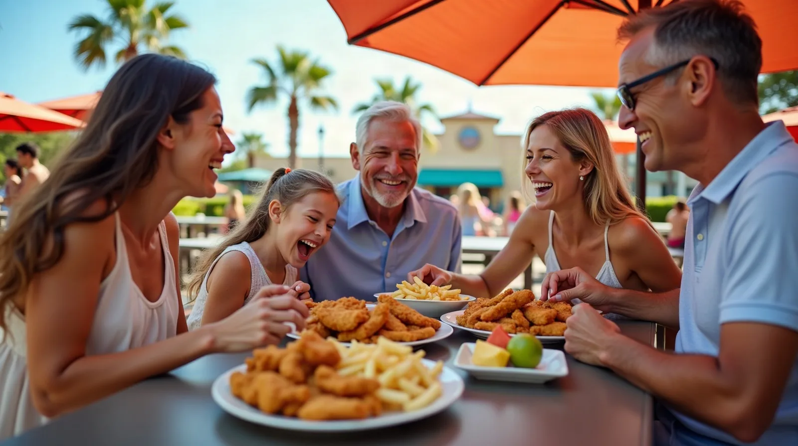 A regular family of four sharing one big platter of chicken tenders, fries and fruit at a shaded umbrella table in an open-air theme park food court