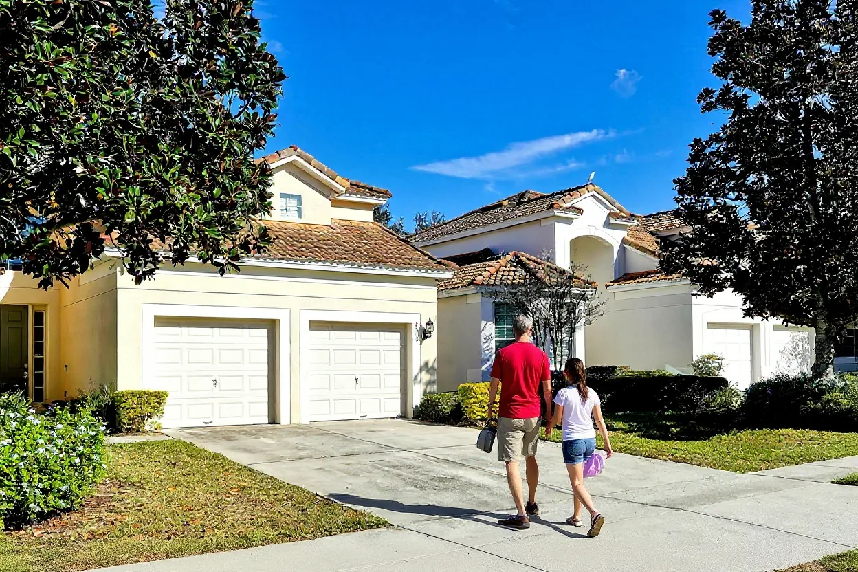 A dad and his daughter walking down a driveway with daypacks, heading out for a day trip
